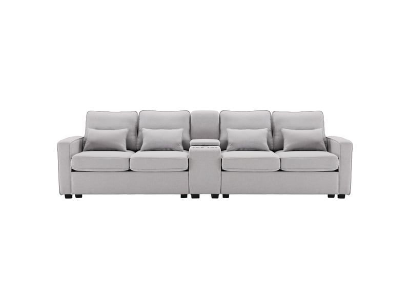  Canapé droit 4 places 290x83x88 cm avec console intégrée, 2 porte-gobelets, 2 ports usb et poches de rangement, lin, gris  - Conforama A