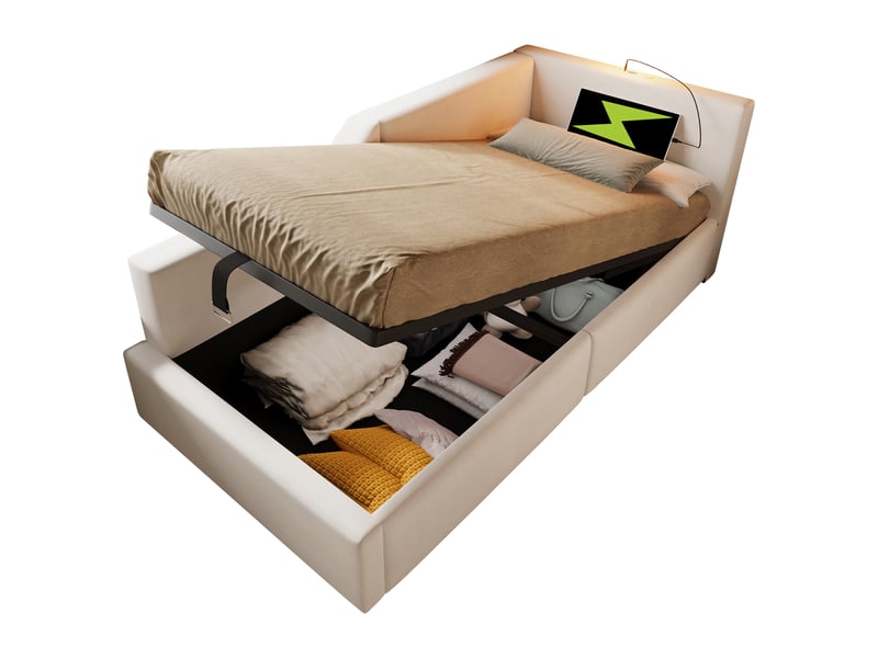  Canapé lit velours beige 90x190 avec coffre hydraulique, lampe de lecture et port usb-c  - Conforama W