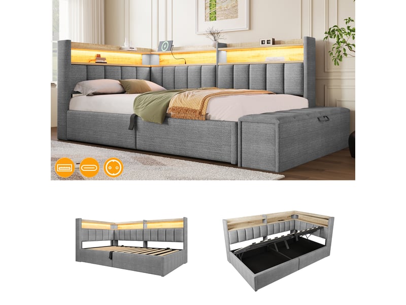 Canapé-lit coffre 90 x 200 cm - avec prise électrique - avec port usb + bande lumineuse led - gris (matelas non inclus) - Conforama E