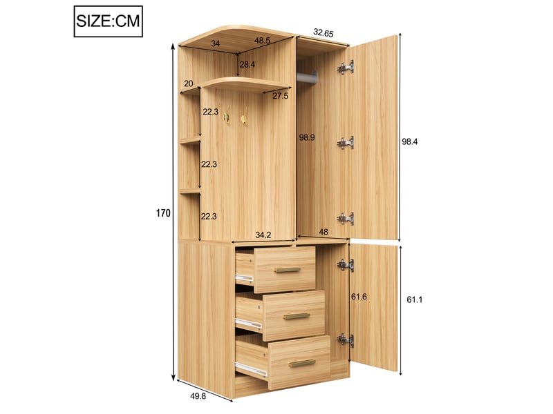  Armoire 70x50x170 cm, 2 portes, 3 tiroirs, crochets et espaces de rangement, poignées en métal, bois clair  - Conforama C
