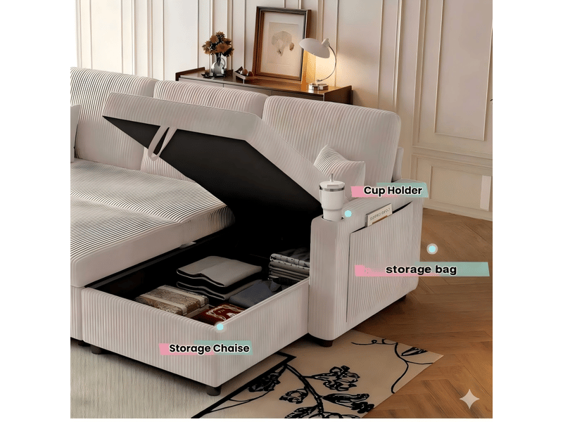 Canapé d’angle droit convertible,207,5x142x84,5 cm,3 places avec rangement,velours côtelé,beige - Conforama E
