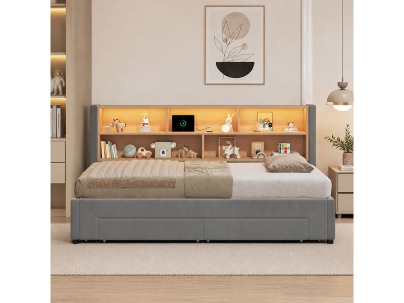  Lit gigogne 90x200 cm lit banquette extensible 180 cm avec 2 tiroirs, usb et led, velours gris ABC - Conforama E