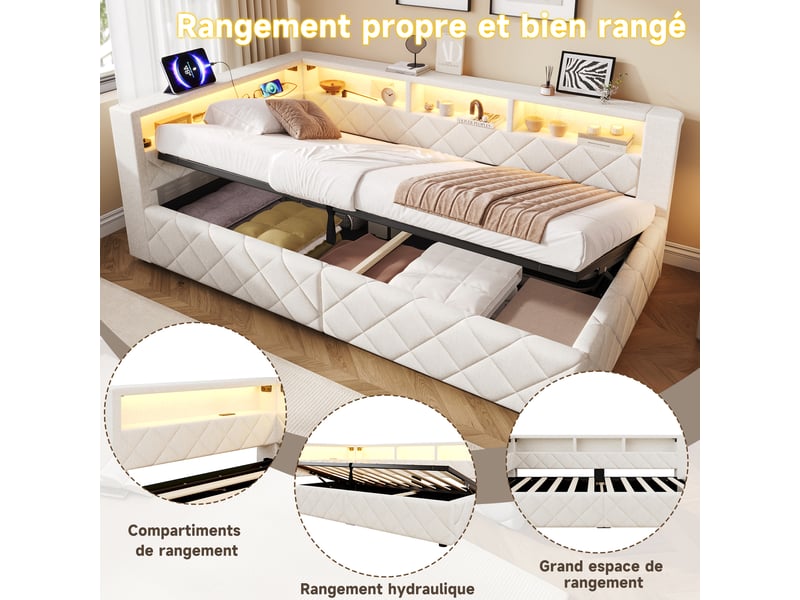 Canapé-lit coffre 90 x 200 cm - avec lumière led - avec port usb - tissu velours - beige (matelas non inclus) - Conforama R