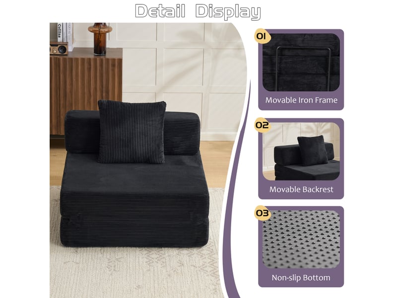  Canapé convertible de sol modenvie 1 place avec coussin et accoudoirs, velours côtelé noir, 92,5 x 92,5 x 60 cm  - Conforama E