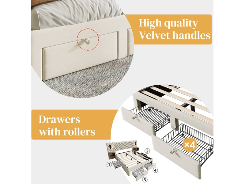  Lit double 160x200 cm avec rangements, lampes de lecture et chargement port usb type-c, velours, beige, avec matelas  - Conforama E
