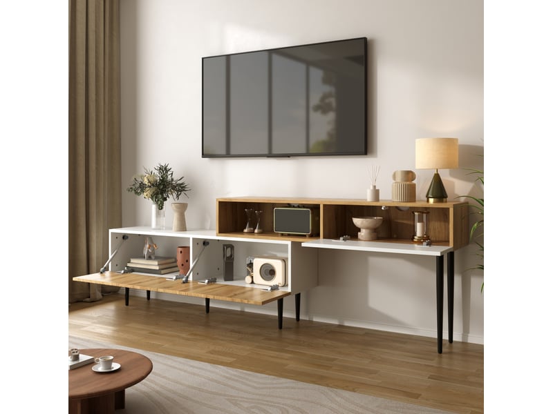  Meuble tv modenvie modulable à longueur réglable avec rangement blanc mat et décor bois  - Conforama D