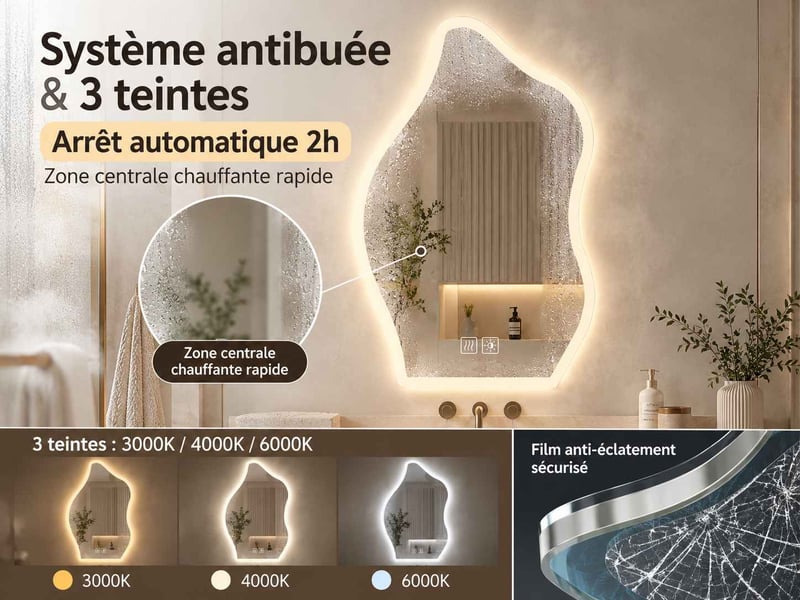  Miroir salle de bain led lumineux asymétrique 60 × 80 cm, avec éclairage réglable 3 couleurs et fonction anti-buée  - Conforama E