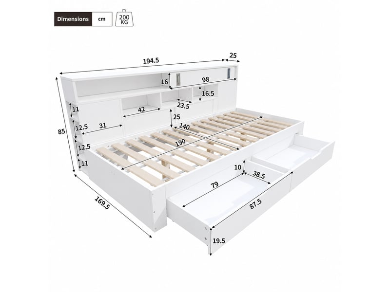  Lit enfant 140x190 cm, lit simple avec étagère, armoire et tiroirs de rangement, structure mdf - sans matelas - blanc  - Conforama C