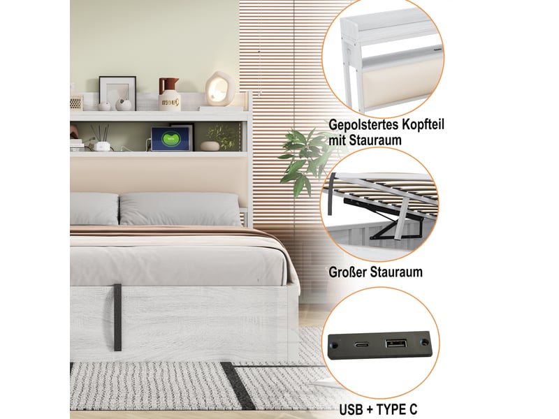  Lit coffre 180x200 cm blanc bois métal avec usb et rangement hydraulique  - Conforama D
