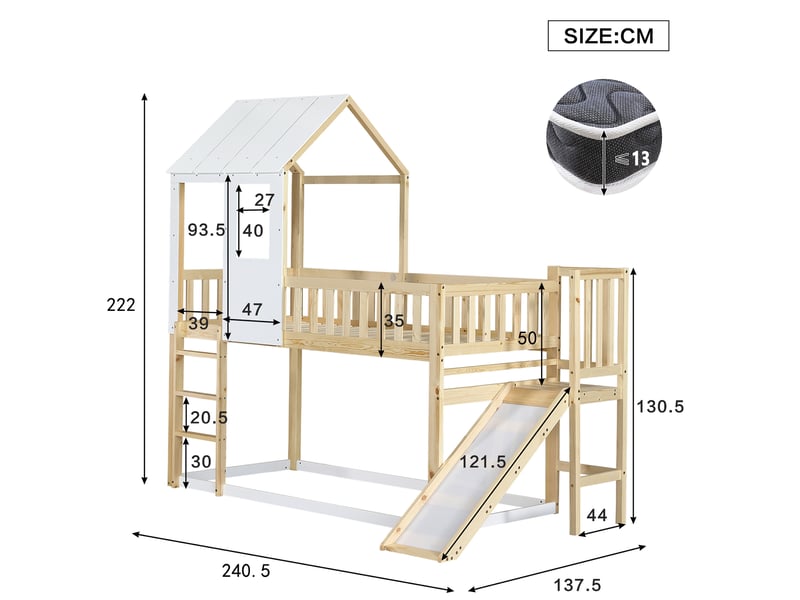  Modenvie lit mezzanine enfant 90x200 cm - avec toboggan, toit avec fenetre, sans matelas - naturel  - Conforama C