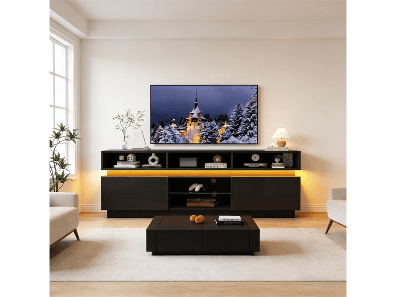 Meuble tv 160x35x60cm avec étagères verre trempé éclairage led, lowboard moderne finition haute brillance pour téléviseur jusqu’à 60 pouces, noir BUBBLY - Conforama D