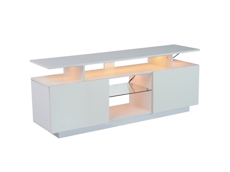  Meuble tv led blanc portes brillantes panneau de particules 140x35x55 cm  - Conforama A