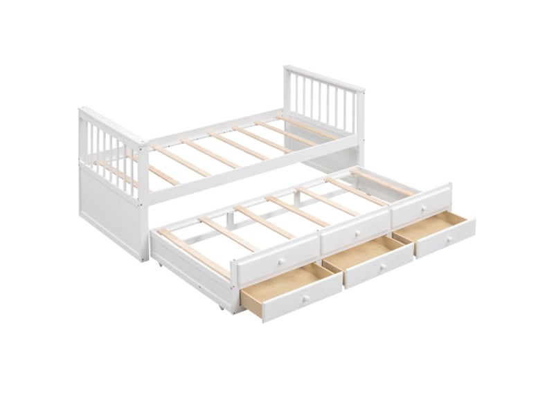  Lit simple 90x200 cm, avec lit gigogne(90x190cm) et 3 tiroirs, en pin massif et mdf, blanc, sans matelas  - Conforama E