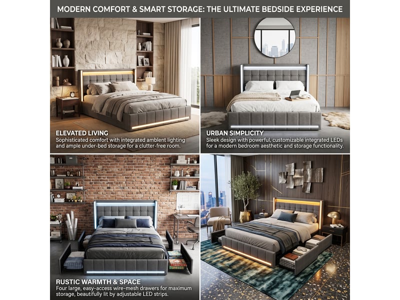 Dreammespace lit double adulte 140x200 cm avec 4 tiroirs et prises usb type-c cadre led multicolore sommier à lattes tissu lin gris foncé DreamMespace - Conforama D