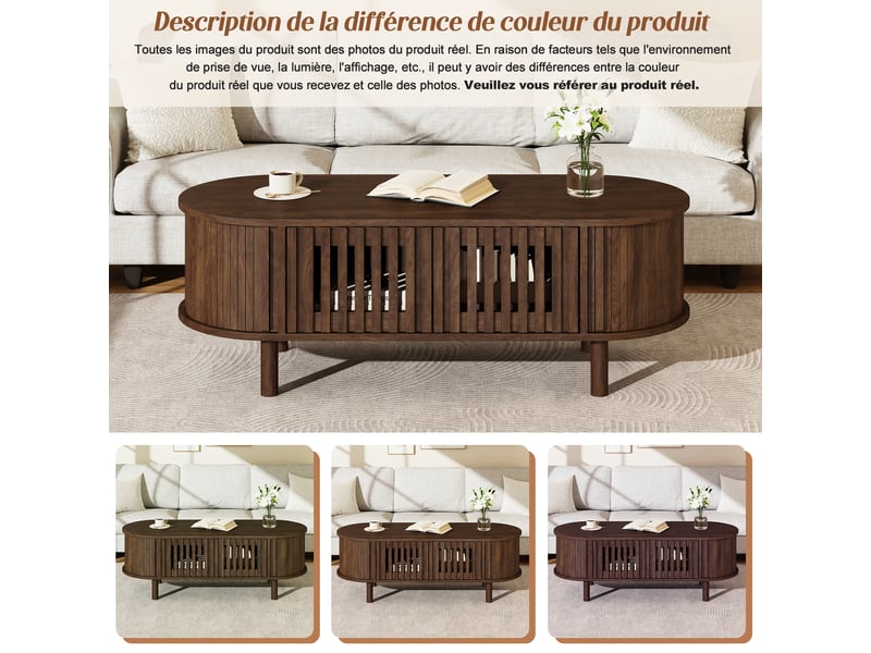 Table basse ovale en mdf avec portes coulissantes à lattes, couleur noyer, pieds en bois massif, 100x40x38cm pour salon. - Conforama E