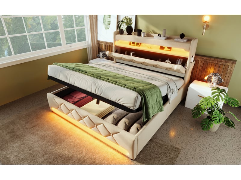  Lit double 140x200 cm avec tête de lit, led, usb, rangement hydraulique, lin beige sans matelas  - Conforama D