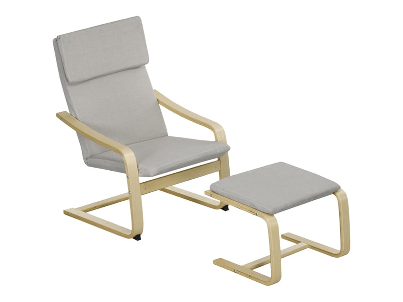  Fauteuil lounge avec repose-pieds, revêtement aspect lin, structure en bois, jusqu'à 120 kg, gris clairnaturel  - Conforama B