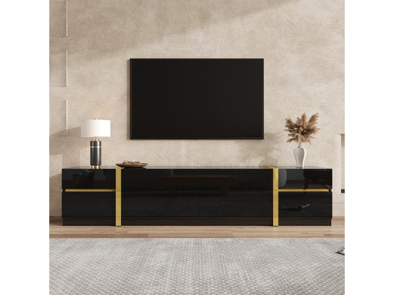  Meuble tv noir et or 180 cm finition brillante avec 4 tiroirs et 2 portes, banc tv moderne pour salon  - Conforama B