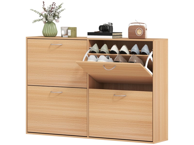  Meuble à chaussures étroit à 4 portes et étagères réglables pour 16 à 24 paires de chaussures, 120 x 24 x 81 cm, naturel  - Conforama B