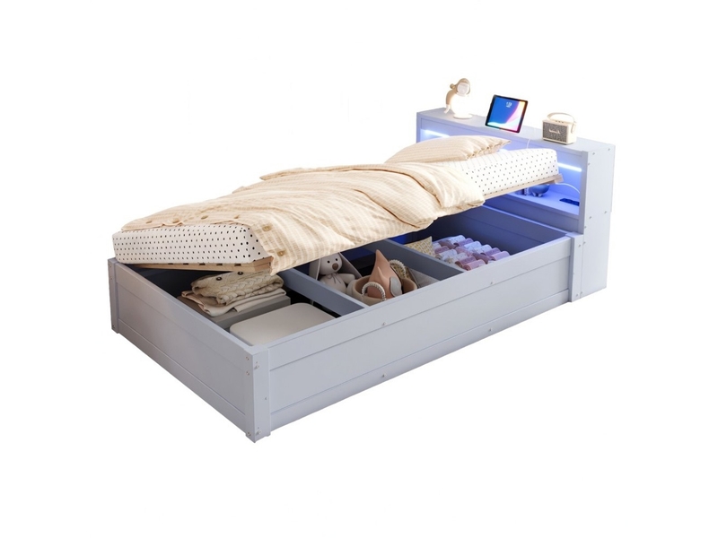 Lit coffre 90x200 cm avec rangement prise euro led multicolore mécanisme hydraulique bois massif gris - Conforama A