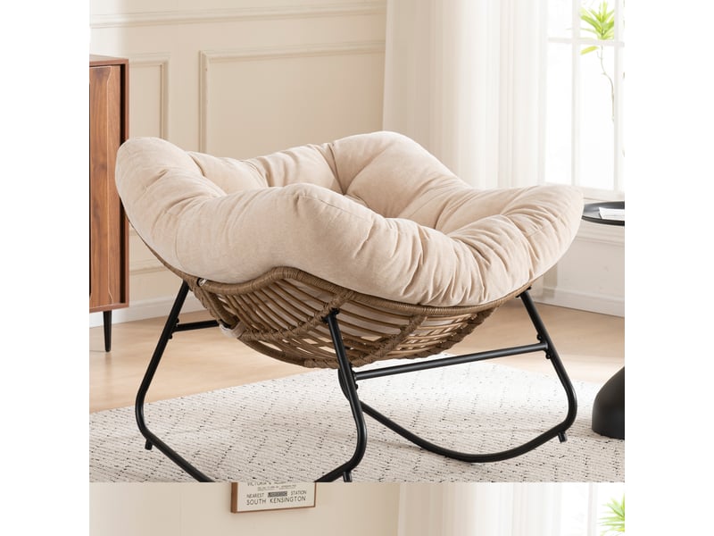  Fauteuil papasan à bascule ergonomique avec structure métallique pour intérieur et extérieur en chenille beige  - Conforama C