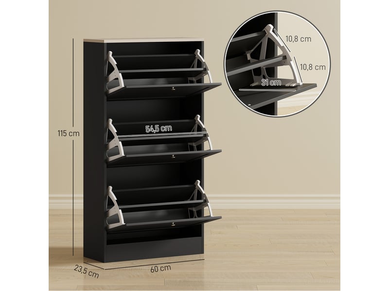  Meuble à chaussures moderne avec 3 tiroirs abattants et étagères réglables pour 18 paires de chaussures 60x23,5x115 cm noir  - Conforama C