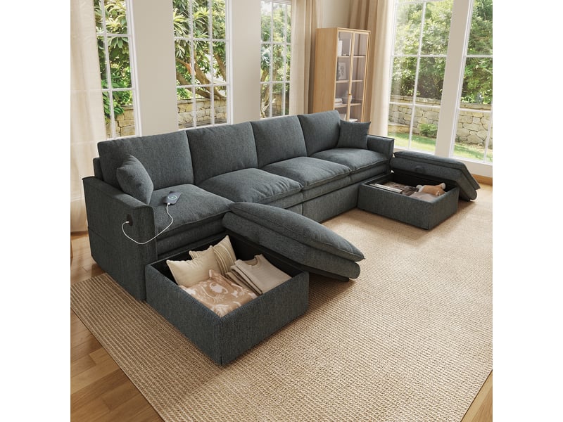 Canapé d’angle modulable 6 places 277x135x80 cm en ul avec 2 poufs mobiles avec rangement, usb et usb-c, 2 coussins, tissu coton-lin gris - Conforama B