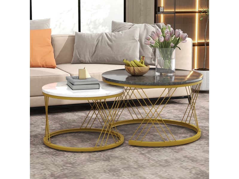 Tables basses gigognes rondes avec plateaux aspect marbre et pieds réglables, mdf gris - Conforama D