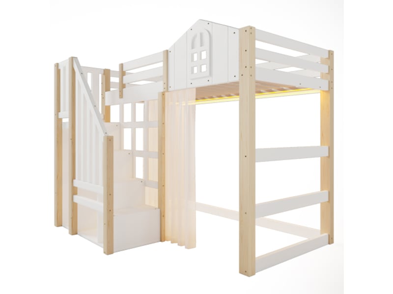  Lit mezzanine adulte 90x200 cm | led, fenêtre décorative, blanc et naturel  - Conforama D
