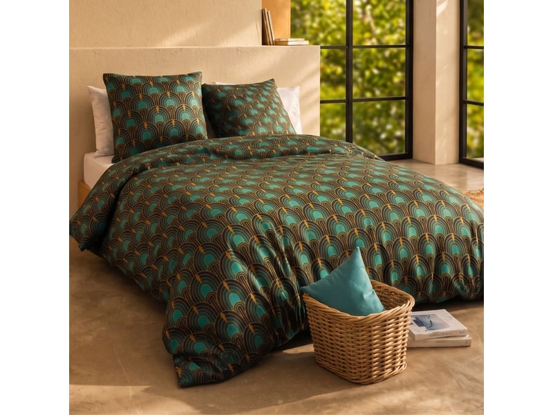  Parure housse de couette 260x240cm + 2 taies motif art-déco bleu pétrole 100% coton - romain ROMAIN - Conforama B