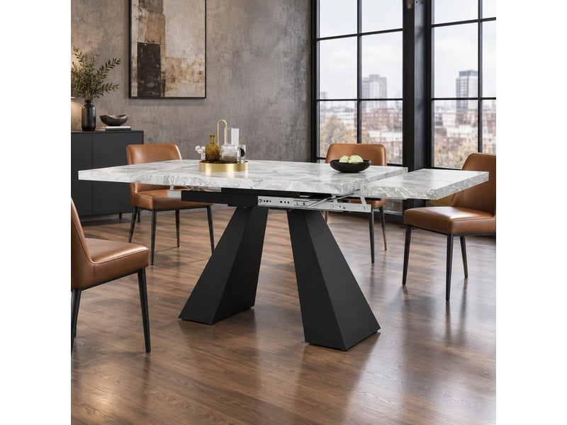 Table à manger extensible 99 à 159x74 cm, plateau effet marbre gris et pieds noirs - Conforama C