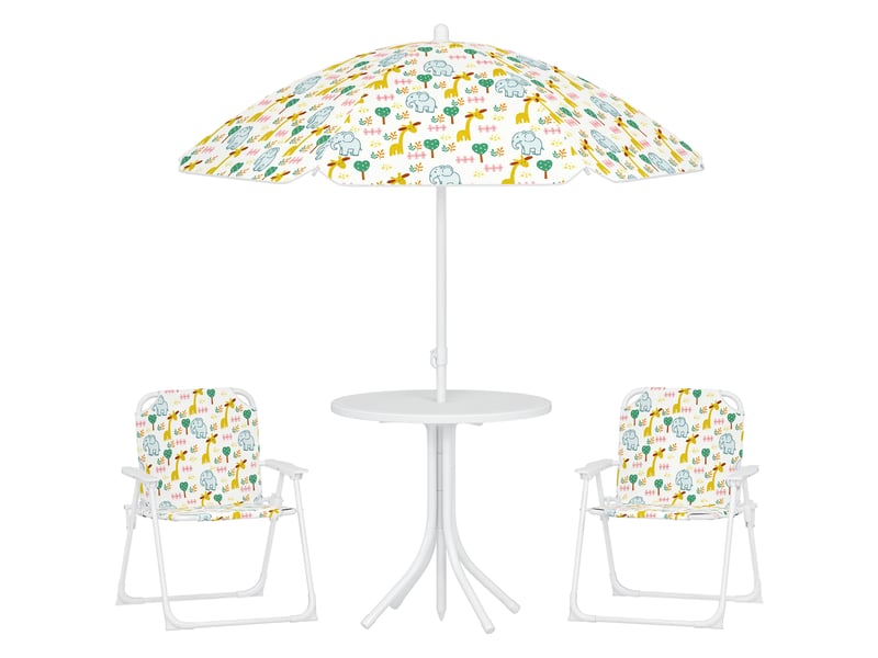  Ensemble table et chaises de jardin pour enfants, 4 pièces, chaises pliantes, parasol réglable, motif éléphant, blanc  - Conforama A