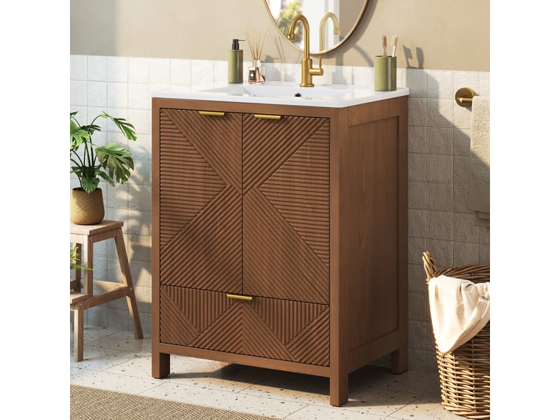 Meuble sous-vasque sur pied 61x47x87 cm, meuble salle de bain avec vasque céramique, motif ondulé, tiroirs et étagères, fermeture amortie, mdf, brun Bliss Lite - Conforama D