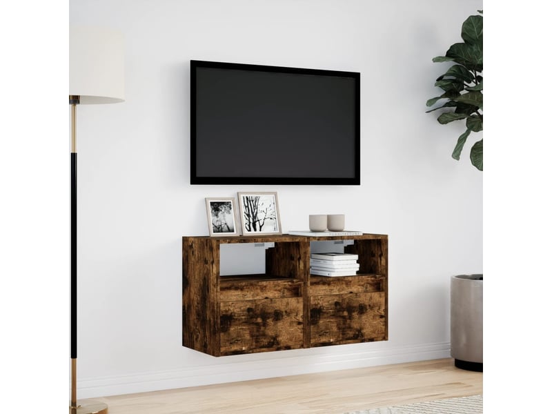 Lot de 2 meuble tv mural avec lumières led chêne fumé 41x31x45 cm shl4072 - Conforama D
