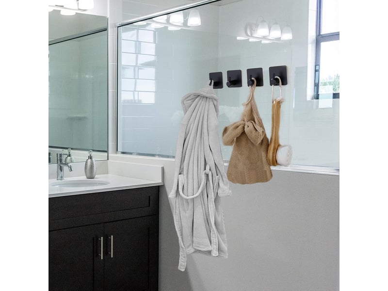 Crochets muraux adhésifs noirs, lot de 4, porte-serviettes de salle de bain sans perçage pour chiffons et peignoirs  - Conforama D