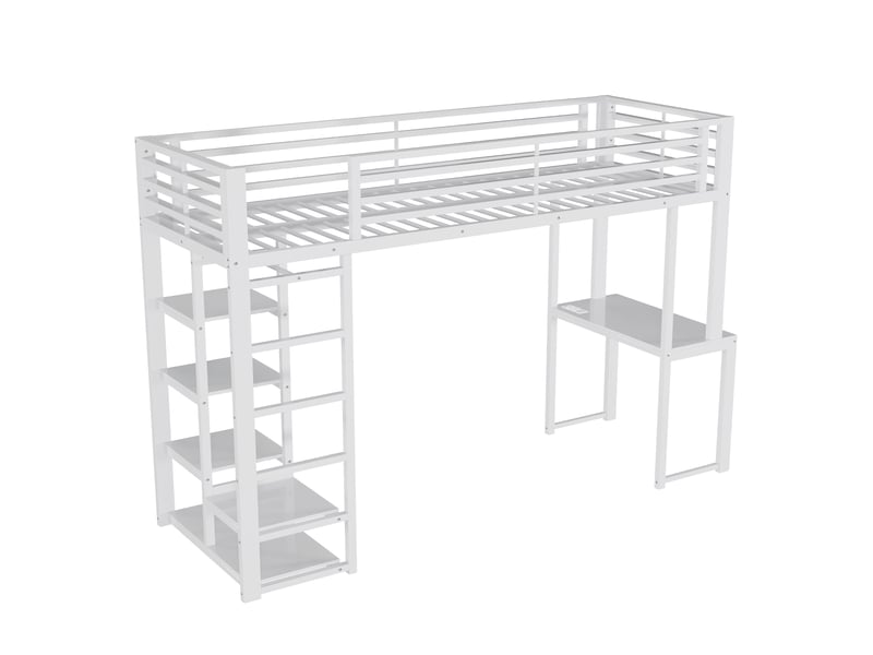  Lit mezzanine enfant,90x200 cm,avec bureau et rangements,métal et mdf,blanc  - Conforama D