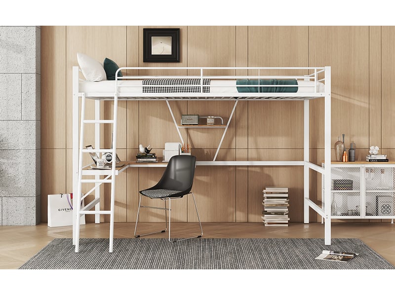 Lit mezzanine 90 × 200 cm, bureau intégré, rangements, blanc - Conforama B