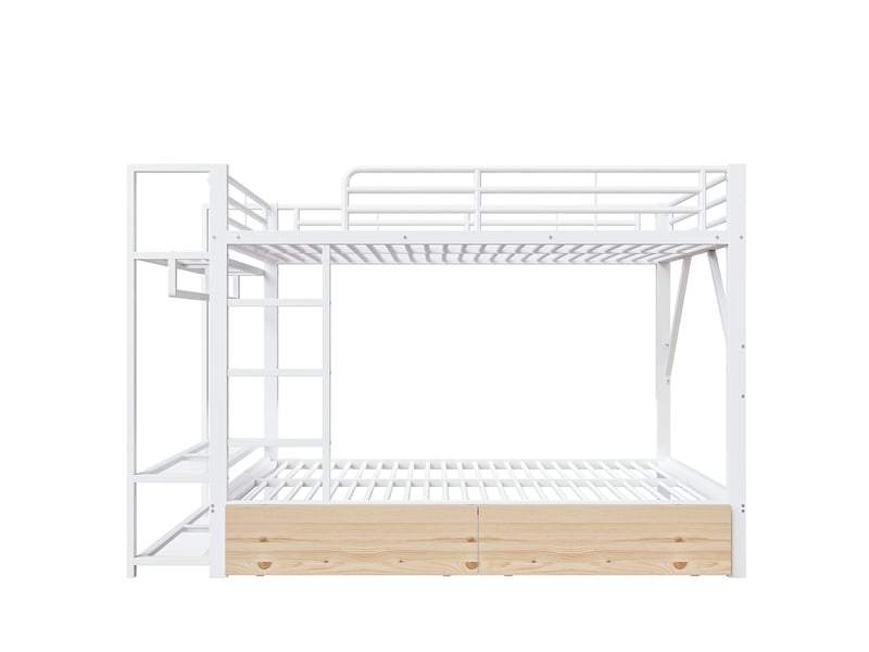  Lit superposé, 140 x 200 cm, structure en fer, 2 tiroirs, plusieurs étagères, éclairage led, penderie, blanc  - Conforama E