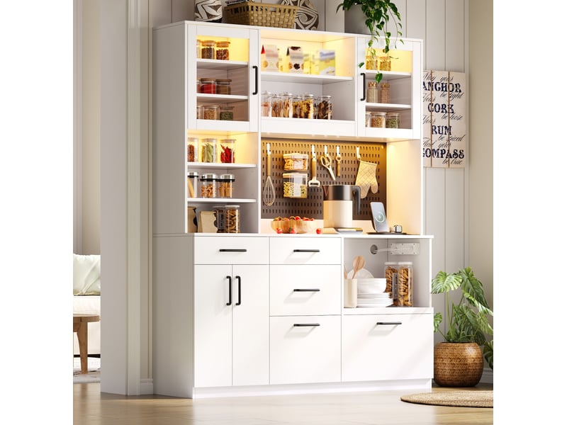  Buffet de cuisine avec plan de travail, 5 tiroirs, étagères réglables, prises et éclairage led, blanc, en mdf  - Conforama C
