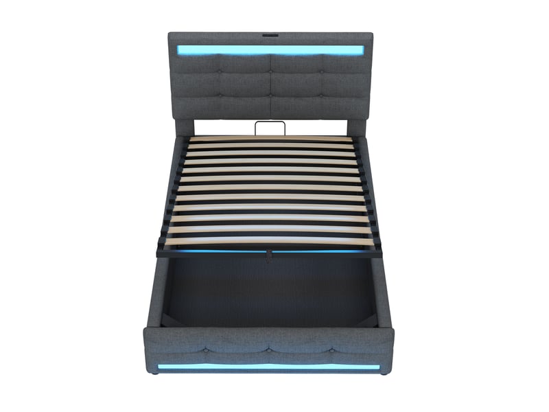 Lit enfant 90x200 led rgb usb tête réglable rangement design moderne commande application tissu gris sans matelas - Conforama R