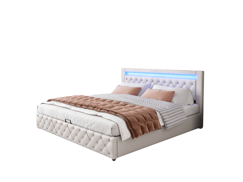  Lit coffre 160x200cm avec espace de rangement, éclairage led, sans matelas, design moderne, pu, couleur blanc  - Conforama A