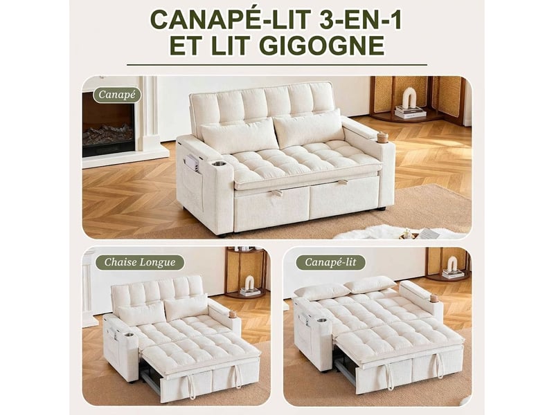 Canapé convertible 3-en-1 142 cm en tissu chenille effet nuage – canapé-lit 2 places avec position relax, 2 porte-gobelets, rangements dans accoudoirs et 2 coussins lombaires – beige - Conforama C