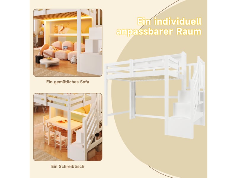 Lit mezzanine 90x200 cm blanc en pin, éclairage led, escalier de rangement, niches ouvertes et espace libre dessous - Conforama D