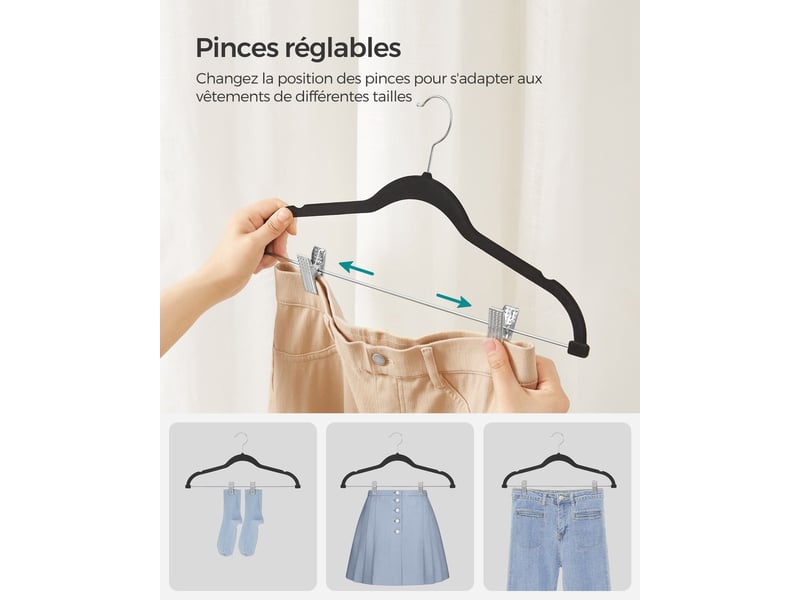  Lot de 12 cintres en velours porte-pantalons longueur 425 cm pinces amovibles antiglisse gain de place modèle adulte pour costumes manteaux haut à bretelles noir 12_0006176  - Conforama B