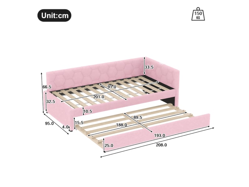  Lit banquette tissu bouclette 90x200 rose avec lit gigogne, lampe de chevet et ports usbtype-c  - Conforama C