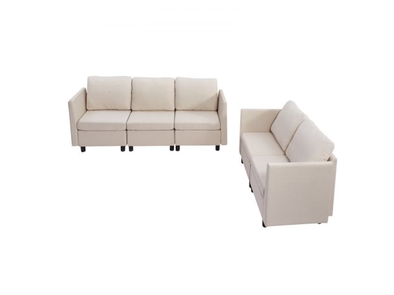 Canapé modulable sectionnel 5 places, canapé d'angle convertible moderne en mousse haute résilience avec rangement dissimulé, sofa rembourré avec cadre en bois massif, pour salon, chambre, beige - Conforama B