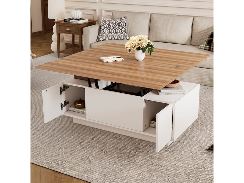  Table basse relevable à double plateau avec rangement caché et 2 portes pour salon en panneau de particules blanc 100×50×55,5 cm  - Conforama C