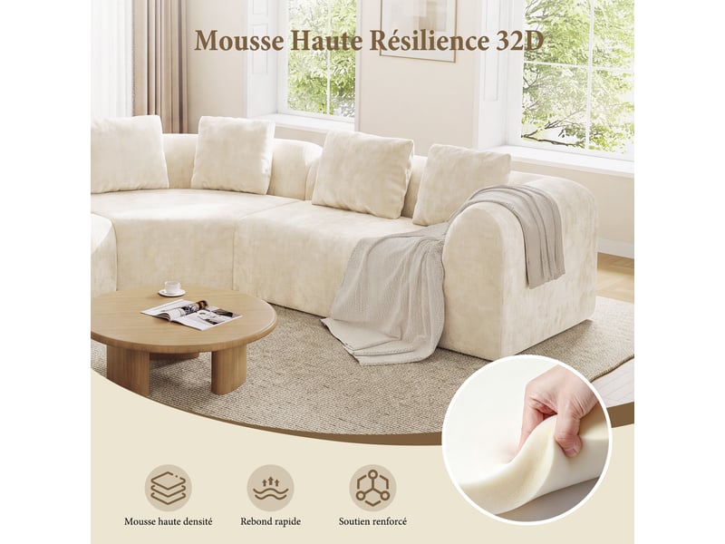 Canapé d'angle incurvé 3 places en tissu chenille premium,canapé compressé sans montage,mousse haute résilience,beige 326x97x66CM - Conforama C