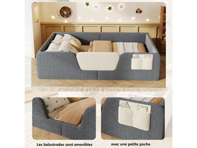  Lit capitonné enfant 140x190, lit en velours gris avec barrières de sécurité amovibles et poche de rangement, sans matelas  - Conforama R
