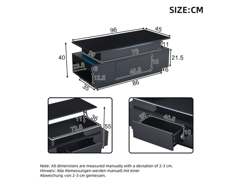  Table basse 100x50x40, noir laqué table basse salon, plateau relevable, rangement intégré, tiroir, led intégrées  - Conforama C